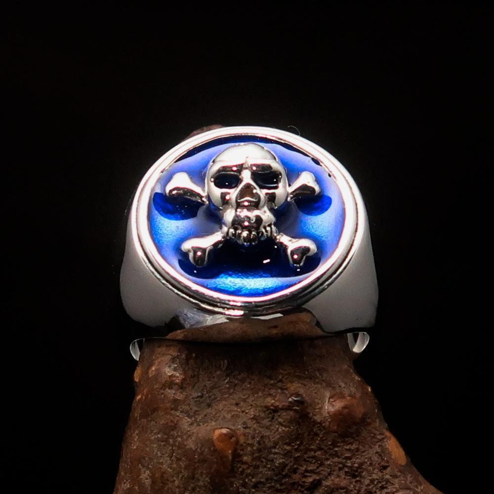 Nicely crafted Men's Pirate Ring Jolly Roger crossed Bones Skull Blue - Sterling Silver