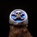 Nicely crafted Men's Pirate Ring Jolly Roger crossed Bones Skull Blue - Sterling Silver