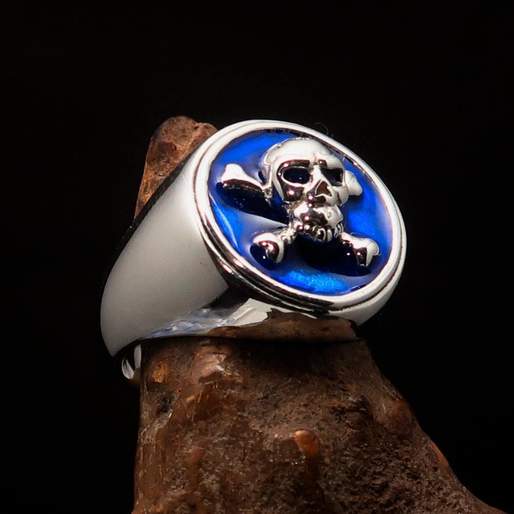 Nicely crafted Men's Pirate Ring Jolly Roger crossed Bones Skull Blue - Sterling Silver